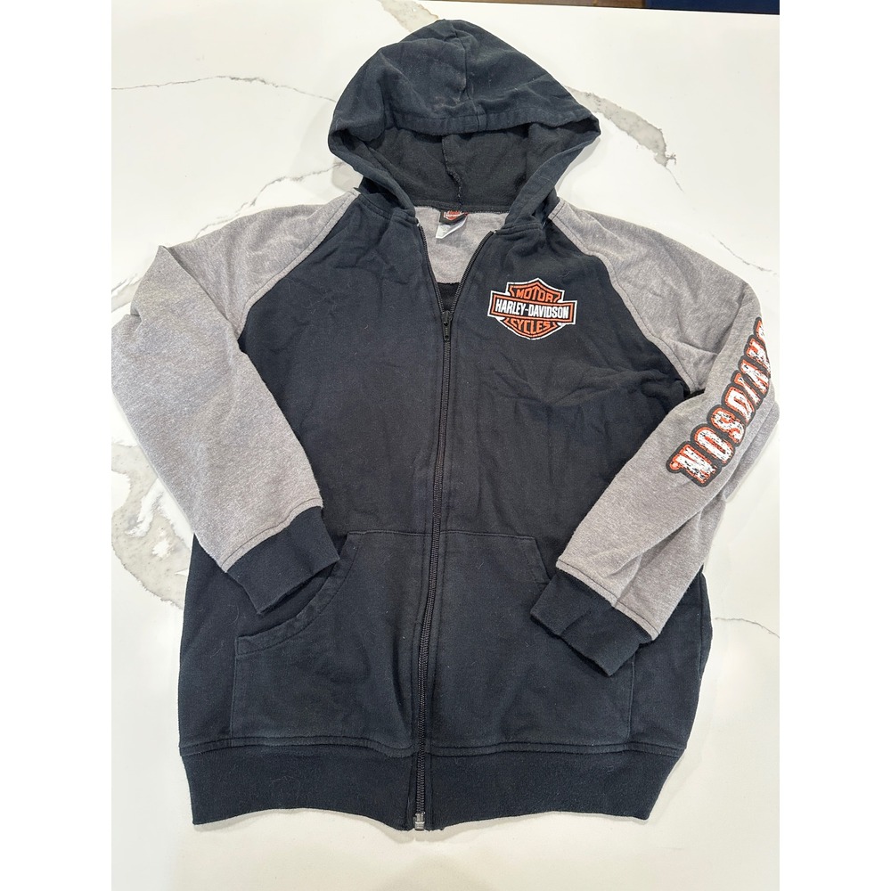 Harley Davidson Motorcycle Zip Up Hoodie Kids Size 12/14 Black Gray Pullover